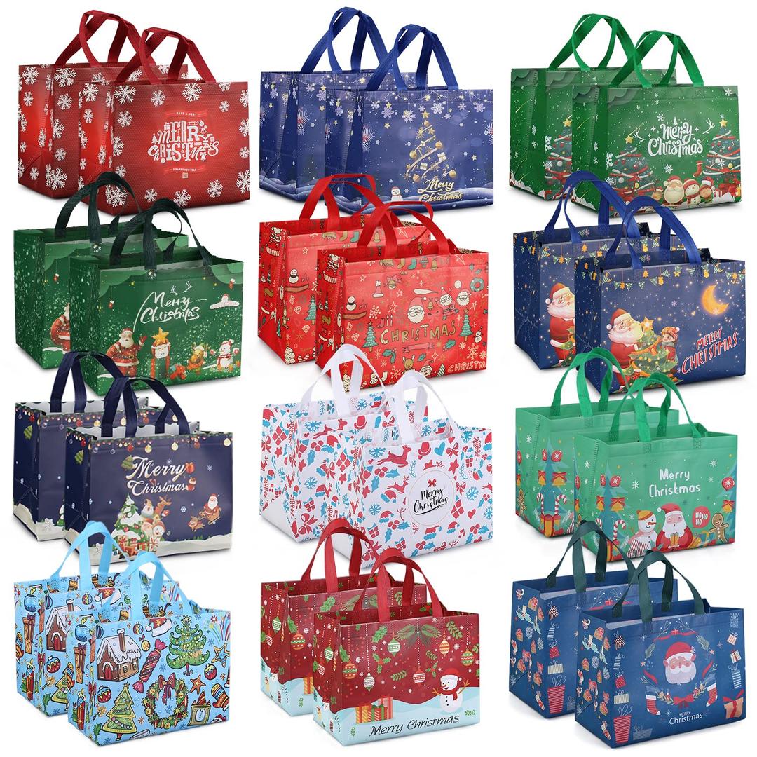 PARSUP 24PCS Christmas Gift Bags with Handles, NonWoven Christmas Bags for Treat Gifts Wrapping Shopping, Xmas Party Supplies, 12.8 * 9.8 * 6.7inch
