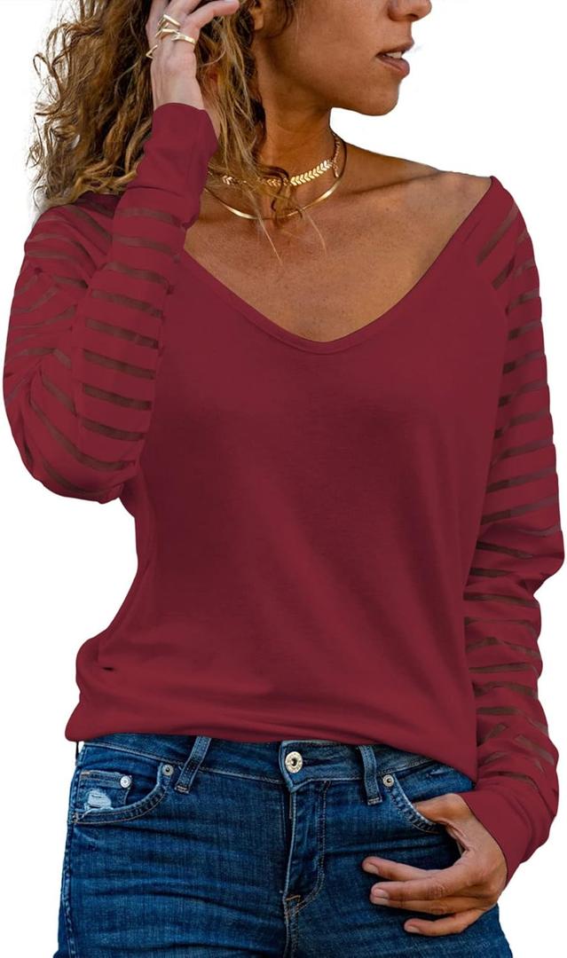 AISEW Womens Long/Short Sleeve V Neck T-Shirt Striped Sheer Mesh Raglan Tees Loose Casual Tops (Red, XL)