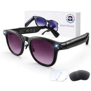 AI Smart Glasses with Camera, 8MP HD Bluetooth Camera Glasses, 1080P Video Recording Sunglasses for Women Men, Real Time Translation, Voice Assistant, Open-Ear Audio for Travel, Work Vlog (3 lenses)