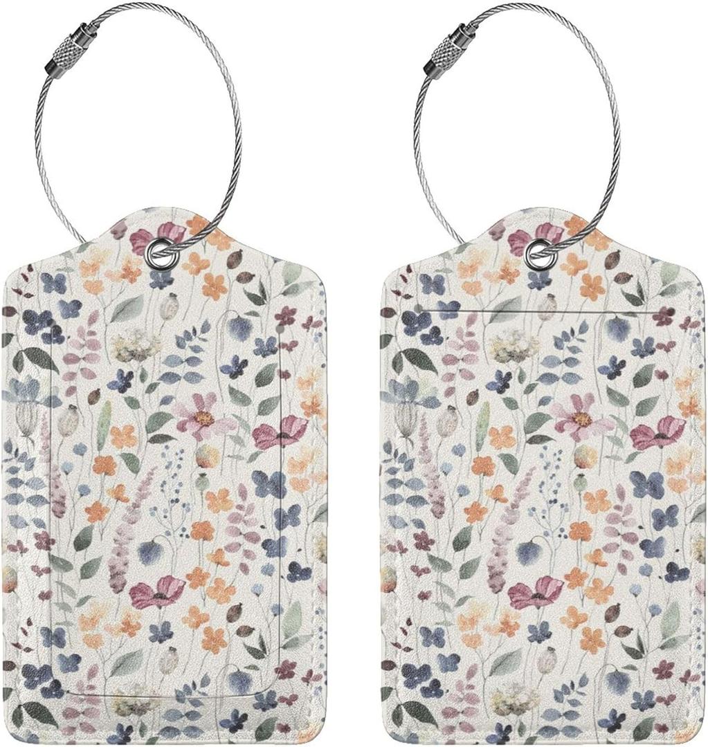 2 Pack Luggage Tag for Suitcase, Cute Leather Suitcase Tags Identifiers with Privacy Name Address Labels Durable Steel Loop for Women Men Girl Travel(Cute Watercolor Flowers)