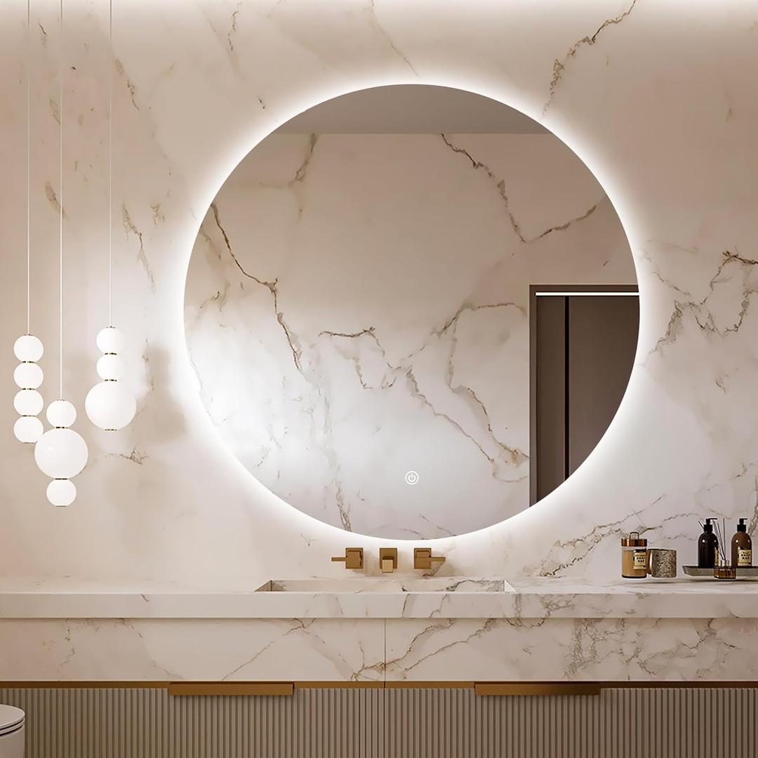 Niccy Round LED Bathroom Mirrors with Light, 36" Backlit Makeup Mirror for Bathroom, Frameless Circle Smart Vanity Mirror with 3 Color Lights, Anti-Fog, Smart Touch Button, Shatter-Proof