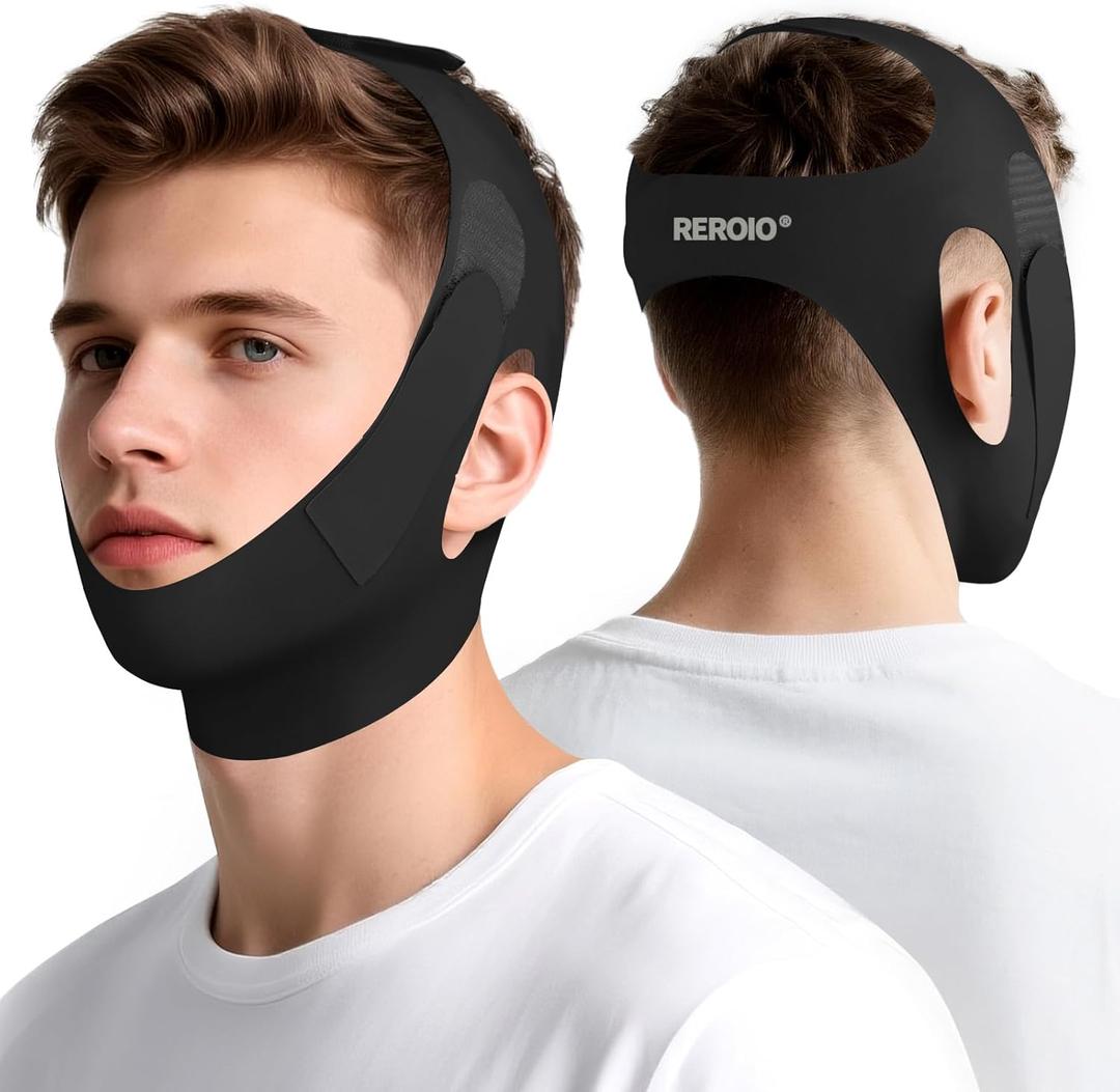 Chin Strap for Sleeping with 4-Side Adjustment, Anti Snoring Chin Strap Elasticity, Anti Snoring Devices Breathable and Durable, Comfortable Snore Stopper for Adults, Black, M