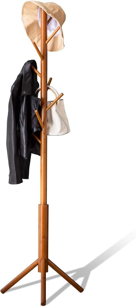 BMOSU Coat Rack freestanding Stand Bamboo Wooden Coat Tree 8 Hooks 3 Adjustable Standing Jackets Hanger Hallway Corner Parlor(Brown)