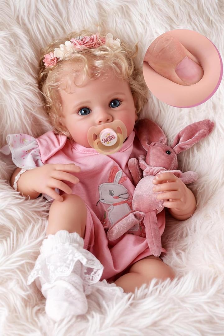 BABESIDE Reborn Baby Dolls - 17 Inch Soft Body Realistic Baby Doll Girl Lovely Awake Blond Curly Hair Girl Bebe Reborn de Silicona Real Life Baby Dolls with Gift Box for Kids Age 3+ Collectors