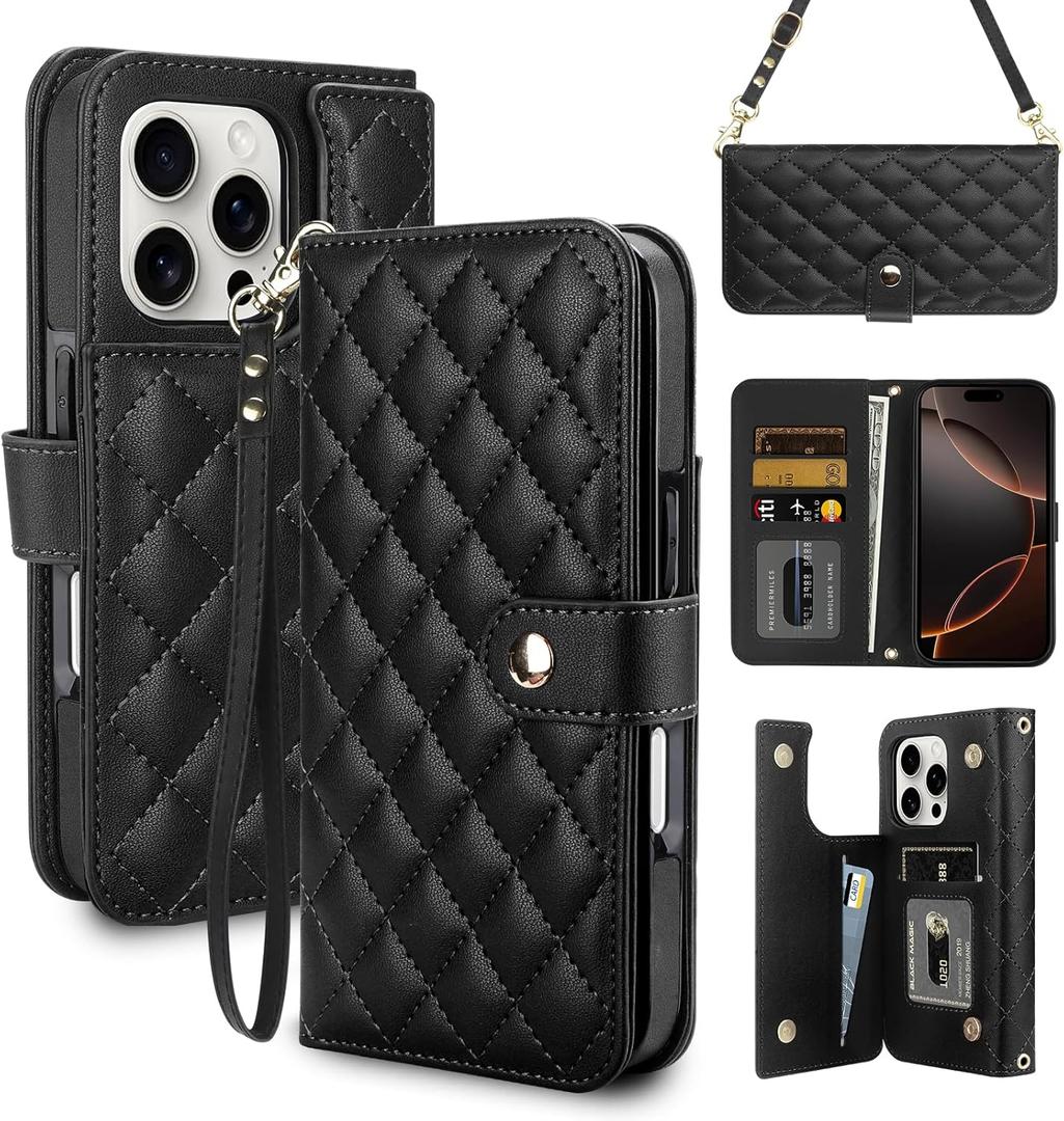 Vofolen Compatible with iPhone 16 Pro Max Case with Card Holder Crossbody Wrist Strap Leather Flip Case with Magnetic Clasp Kickstand Heavy Duty Protective Wallet Phone Case for Women, 6.9 Inch Black