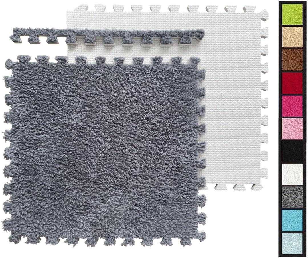12 Pcs Kids Foam Interlocking Carpet Tiles with Border, Thick Carpet Squares Plush Floor Playmats Baby Crawling Rug - 49" x 37",Grey (Grey, 12 Tiles)