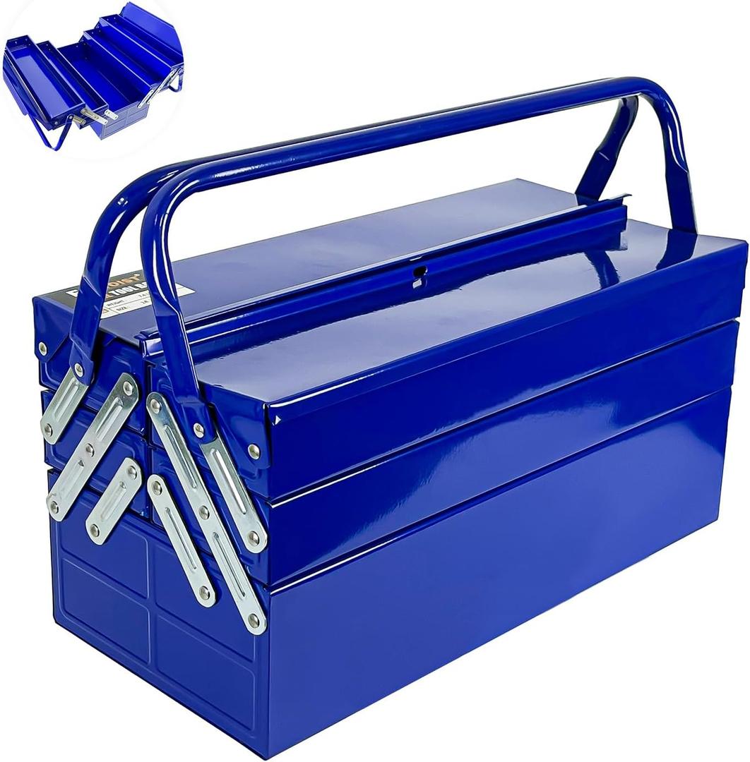 Metal Cantilever Tool Box, 3-Tier 5 Tray Fold Out Steel Tool Box with Handle, 18 inch Stack-able Portable Tool Storage Box Organizers Tool Chest for Household Factory Warehouse Repair Shop