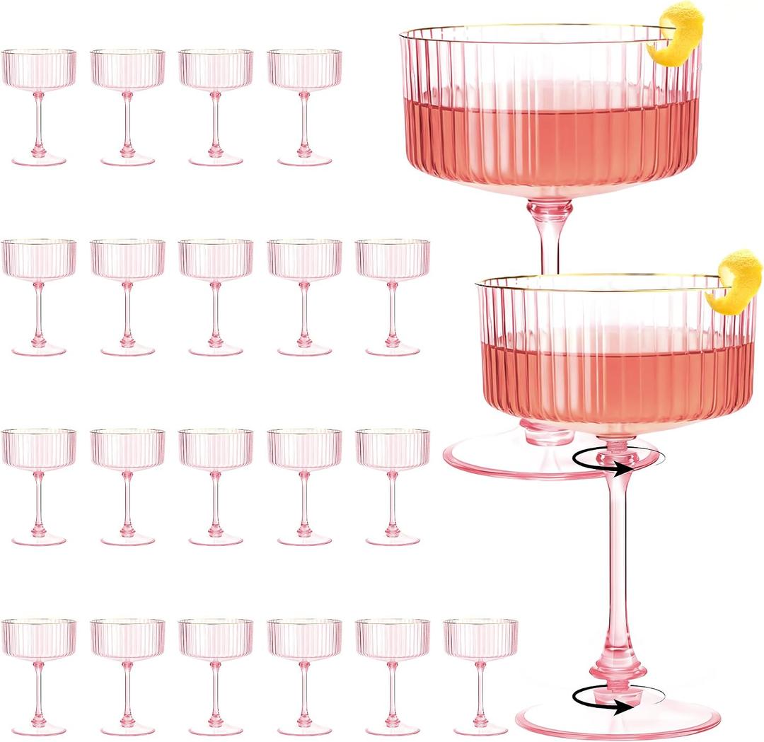 Plastic Martini Glasses 10oz, Detachable Ribbed Coupe Glasses with Gold Rim, Disposable & Reusable, Unbreakable BPA-free Vintage Cocktail Cups, Champagne Coupe for Party Wedding (Pink, 24pcs)
