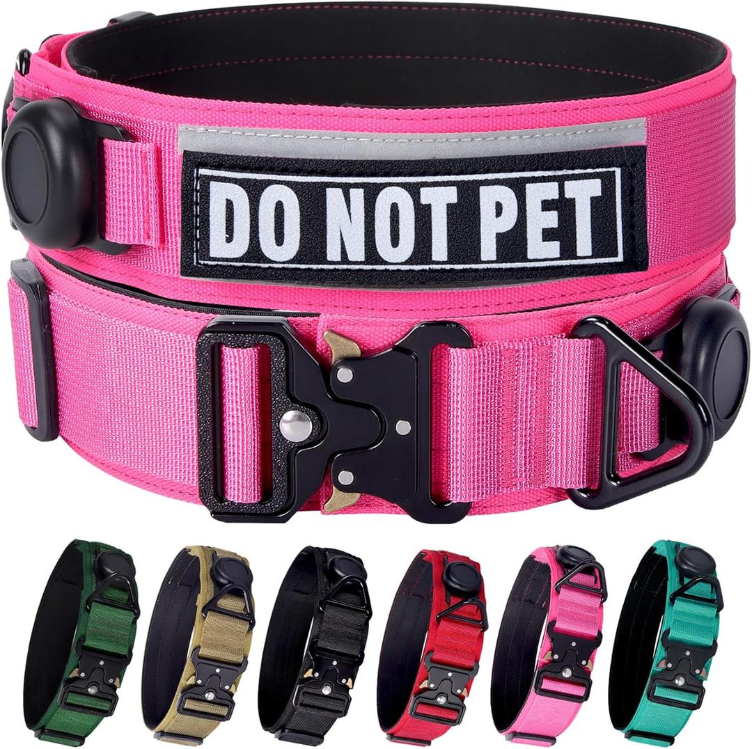 AirTag Dog Collar, 2" Wide Tactical Military Dog Collar with AirTag Holder & 3 Pet Patches, Soft Padded Reflective Waterproof Nylon Collar with Metal Buckle for Large Dogs (Hot Pink, L) (Neck Girth: 17.7-24.4)