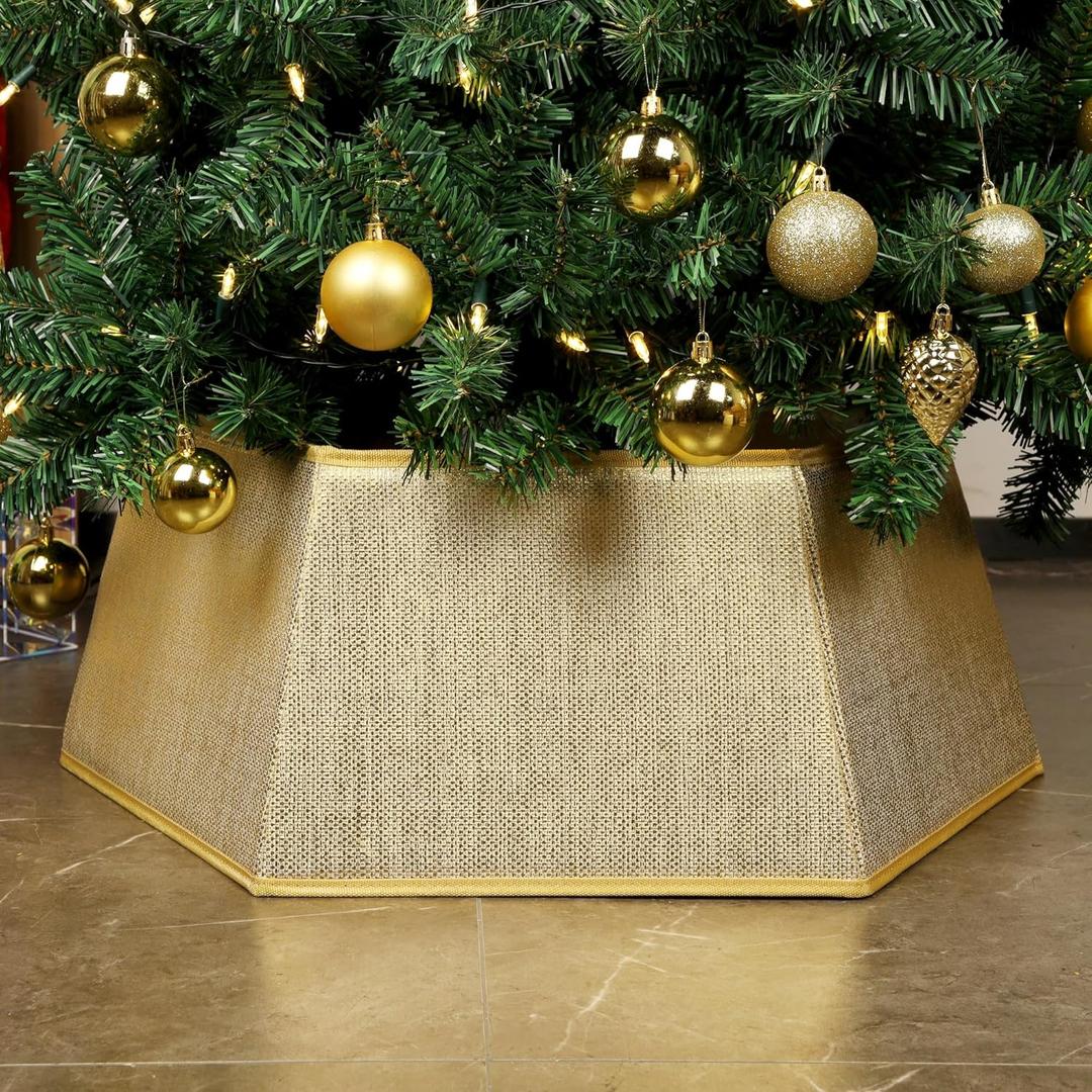 Blissun Fabric Christmas Tree Collar, Hexagonal Shiny Tree Ring, Willow Christmas Tree Skirt for Christmas Tree Decorations (Shiny Gold)