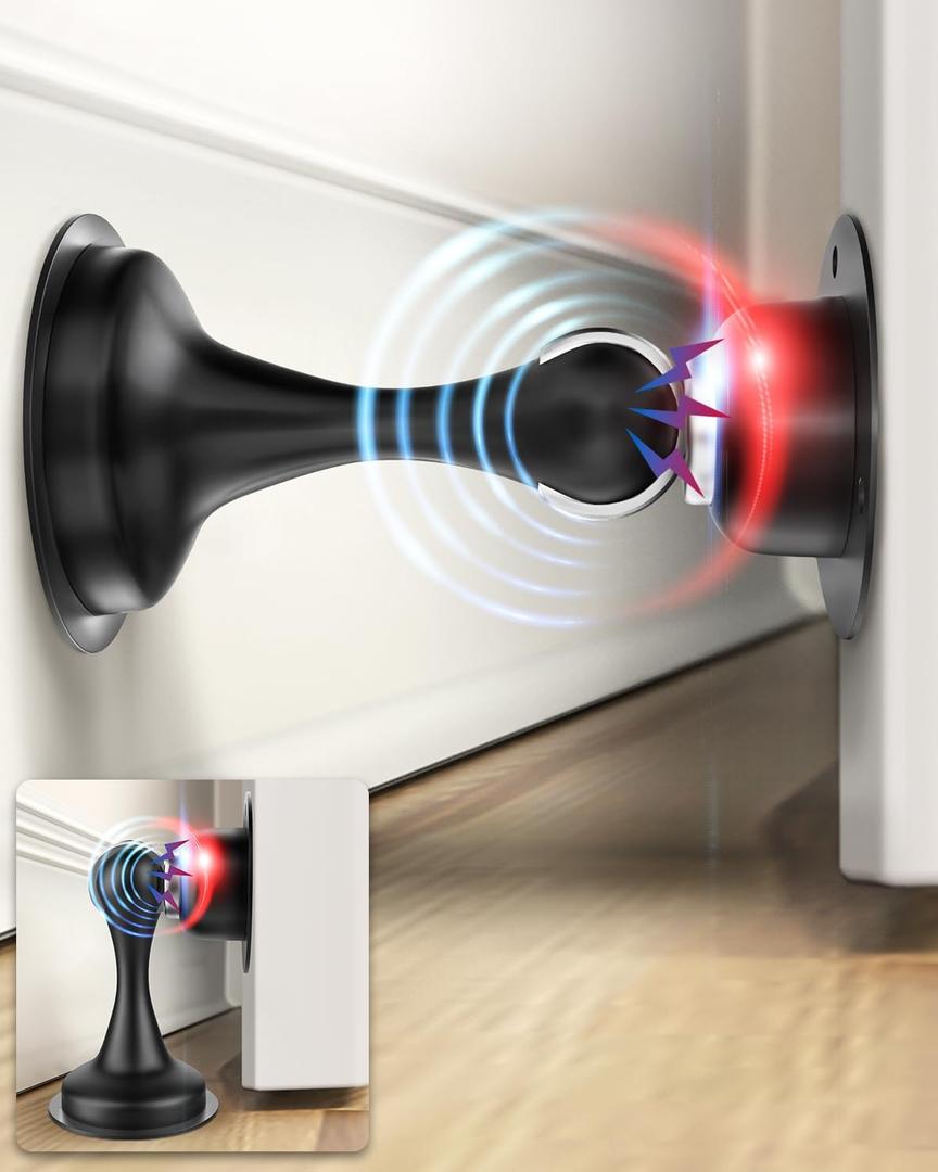 Door Stoppers Magnetic Door Catch - Stainless Steel Heavy Duty Door Holder Stops for Bottom Top of Door - Wall Floor Mounting No Drill 3M Adhesive & Screws Strong Magnet Keep Door Open 6 Pack (Black)