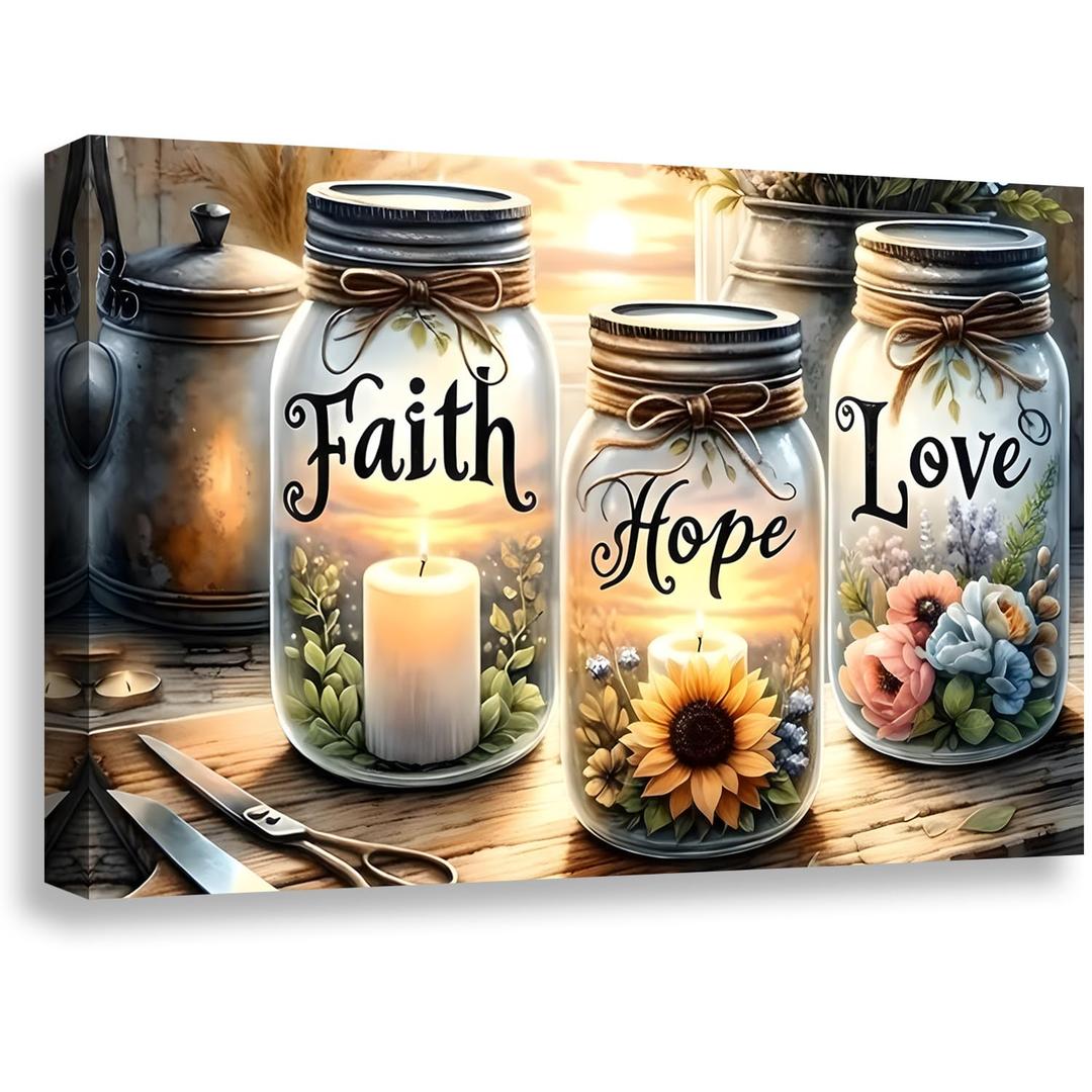 Pormipone Framed Canvas Wall Art Faith Hope Love Mason Jar Sunflower 24x36