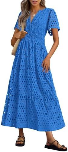 PRETTYGARDEN Womens 2025 Summer Maxi Dress Short Sleeve V Neck Hollow Out Eyelet A Line Long Flowy Beach Vacation Dresses, Small