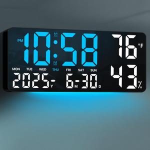 MASHI 13.8" Large Digital Wall Clock with Remote Control, Dual Alarm with Big LED Screen Dispaly, Night Light,Humidity,Date,Week,Temp for Living Room, Bedroom, Decor, Gift for Elderly (Blue Light)