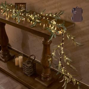 Hairui Lighted Artificial Olive Garland 6FT 96 LED Fairy Lights Battery Operated, Faux Vine Lights with Timer for Spring Christmas Holiday Fireplace Decoration