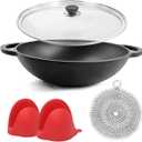 12 Inch Pre-Seasoned Cast Iron Skillet - Wok Round Bottomed Frying Pan with Assist Handles,Tempered Glass Lid, Cast Iron Scrubber,Silicone Oven Mitts for Stovetop,home baking  (Glass Lid)