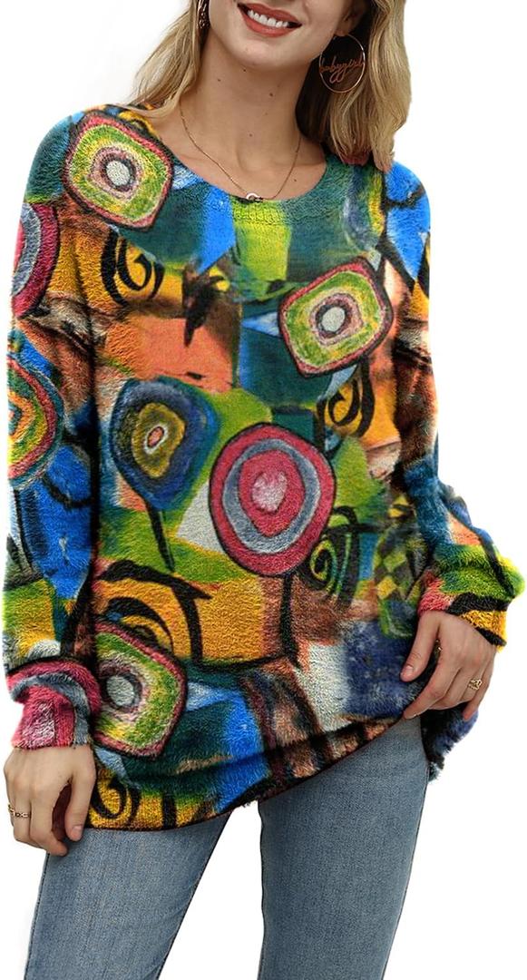 YESNO Women Christmas Sweater Graphic Printed Oversized Pullover Sweaters Casual Loose Knit Tops S01 (XX-Large, Floral 354)
