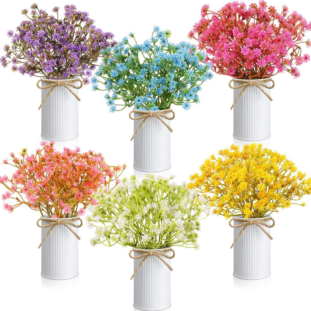 Wavwavw 6 Set Babys Breath Artificial Flowers Centerpieces for Tables Gypsophila Faux Fake Flowers with Vase Floral Arrangement Bouquets for Wedding Dining Table Home Party Decor