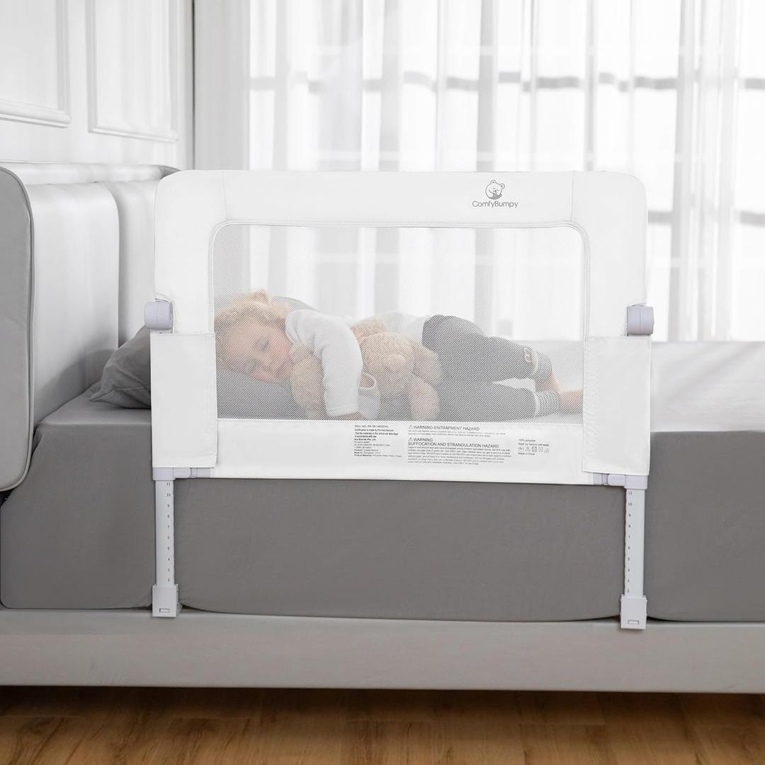 ComfyBumpy Premium Adjustable Bed Rail for Toddlers, Swing-Down Safety Guard, Height Adjusts 24.4"–32.3" H, 35.5" Regular Length, Sturdy Steel & Breathable Mesh, for Twin, Full & Queen, White, 1-Pack