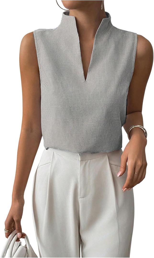 SOLY HUX Women's Work Outfits V Neck Sleeveless Blouses Summer Casual Tank Tops Business Office Dressy Striped Shirts Black and White Small