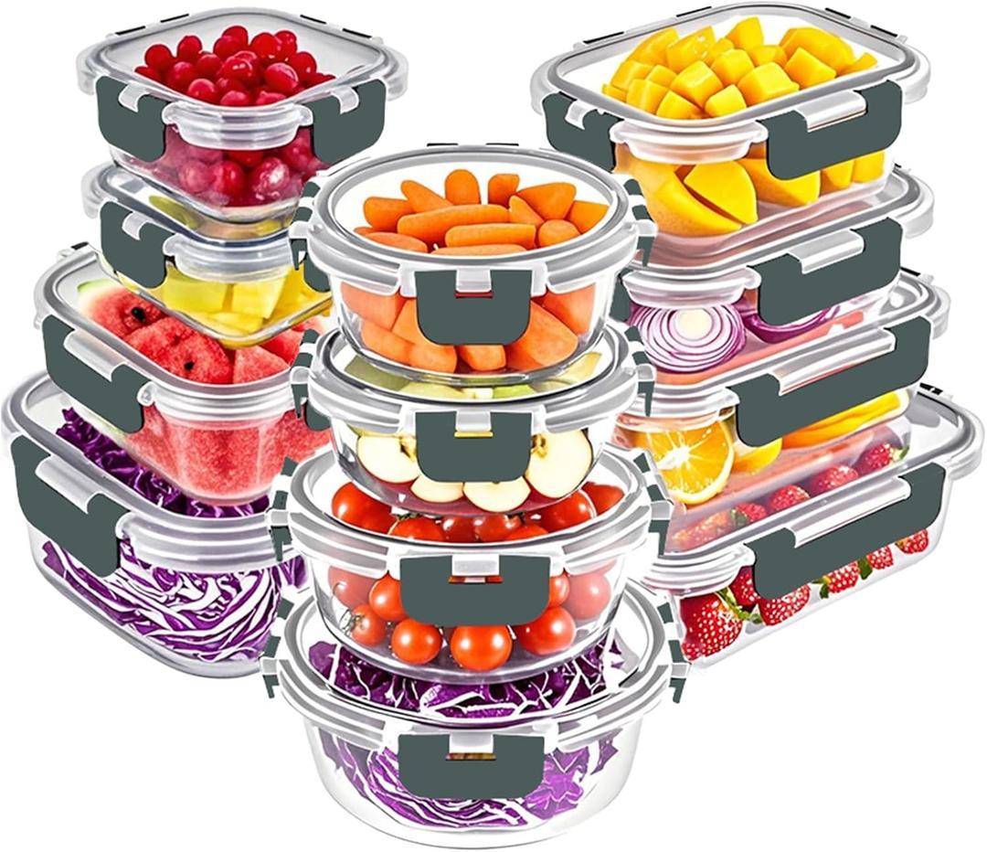 VERONES 12 Packs Glass Food Storage Containers Set, Airtight Glass Lunch Containers, Glass Meal Prep Containers with Lids, Exclusive of BPA, for Microwave, Oven, Freezer & Dishwasher Friendly, Grey