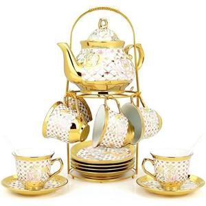 European Ceramic Tea Set for 6 People,20Pcs Porcelain Tea Set with Metal Stand,Vintage Floral Tea Cup and Saucer,Complete Gift Set with Teapot,Spoons for Wedding,Bridal Shower,Afternoon Tea (Gold)