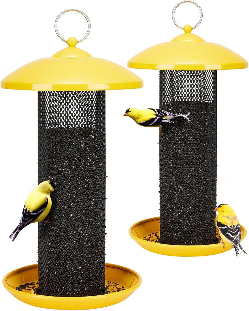 Kingsyard 2 Pack Finch Feeders for Outdoors Hanging, Metal Mesh Tube Bird Feeder for Nyjer/Thistle Seed, 2.5 lbs Large Capacity (Yellow)
