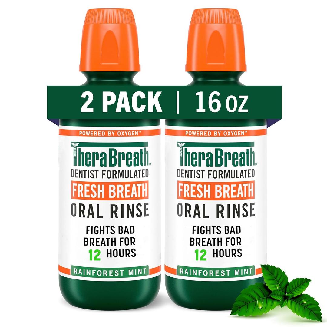 TheraBreath Fresh Breath Mouthwash, Rainforest Mint, Alcohol-Free, 16 Fl Oz (2-Pack) (16 Fl Oz (Pack of 2))