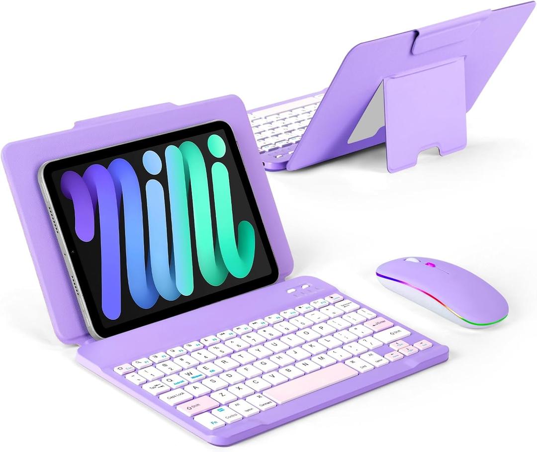 EAMPANG Universal Bluetooth Keyboard and Case for Tablet/Phone/Laptop,Wireless Portable Slim Keypad and Mice Rechargeable with Adjustable Bracket for iPad A16/Mini/Air/iPhone/Galaxy Z Fold Purple