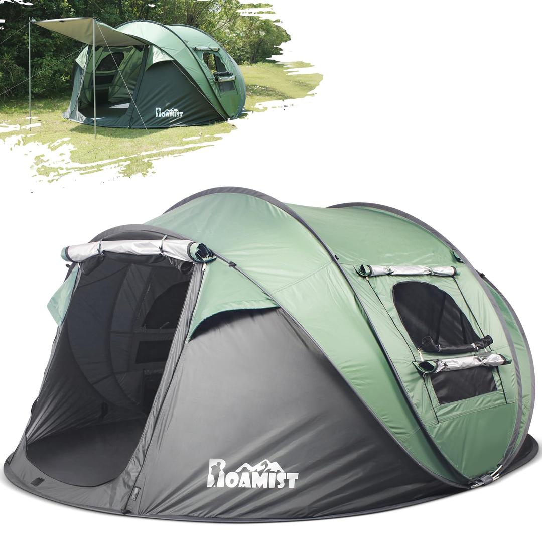 ROAMIST Tents for Camping, 4 Person Easy Pop Up Tents for Camping, Waterproof Windproof Automatic Setup Camping Tent with Extra Storage, 2 Doors Instant Family Tents for Hiking & Traveling