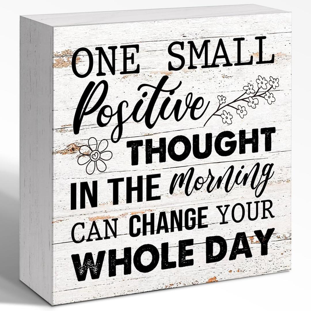 Inspirational Wood Box Sign Shelves Decor, One Small Positive Thought Can Change Your Whole Day Wood Block Sign Wall Decorate, Motivational Decoration For Home Office Desk Shelf