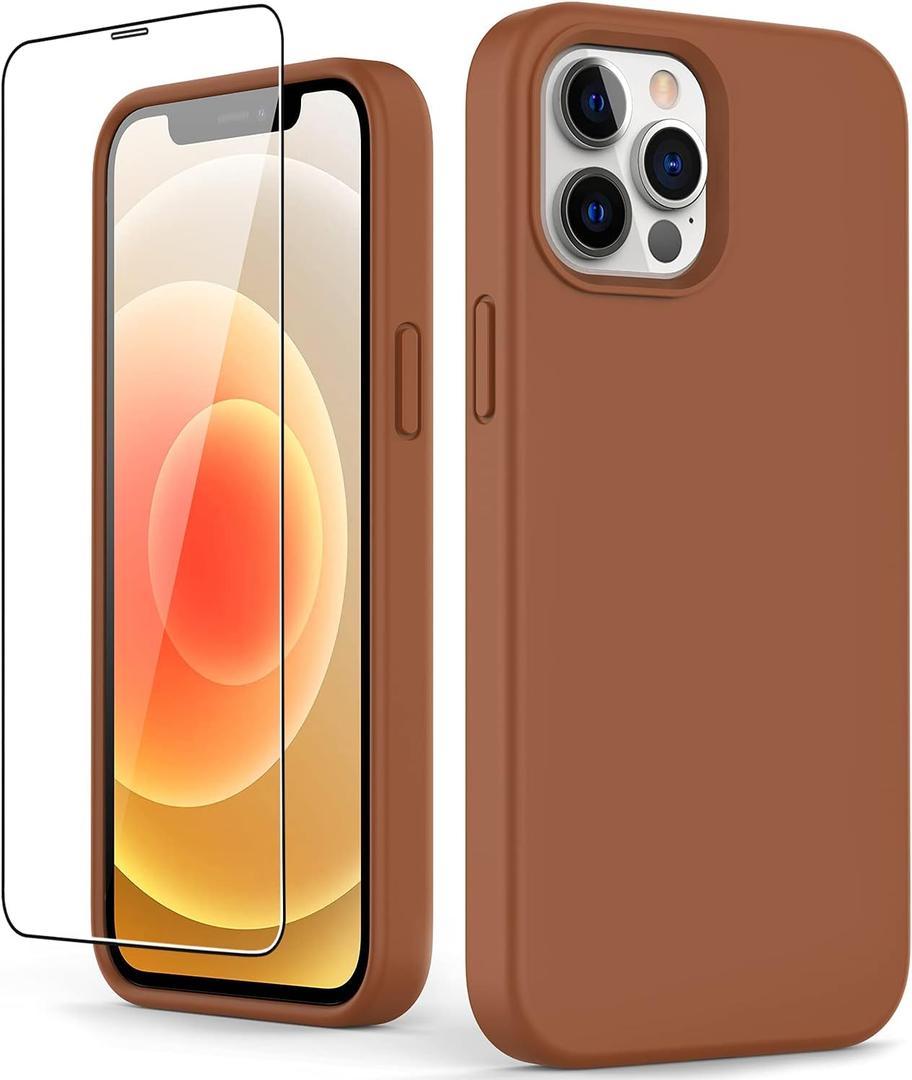for iPhone 12 Pro Max Case with Screen Protector, Liquid Silicone Shockproof Protective Women Girls Phone Cover Case for iPhone 12 Pro Max, Middle Brown for iPhone 12 Pro Max Case with Screen Protector, Liquid Silicone Shockproof Protective Women Girls Phone Cover Case for iPhone 12 Pro Max, Middle Brown