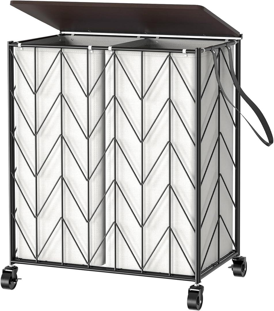 WOWLIVE Laundry Basket with Wheels, Heavy Duty Laundry Hamper with Wood Lid, Clothes Hamper with Divided Removable Liner Bag, Large Capacity Iron-Made Laundry Sorter Laundry Room Organization (Beige) (115L(22 x 13 x 26.4 Inches))
