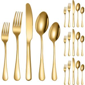 Knifes Forks Spoons Gold Silverware Set for 420-Piece Stainless Steel Flatware SetPolished Tableware Eating Utensils Set for Kitchen,Not Easy to Scratch The Mouth and Dishwasher safe. (Gold)
