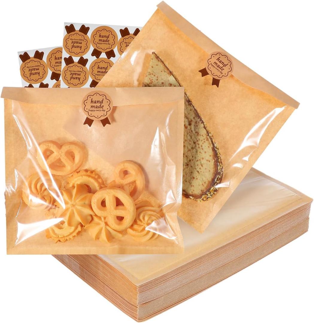 iplusmile 200 Pcs Kraft Cookie Bags with Window - 7.5" x 7.8" Greaseproof Bakery Bags, Heat Sealable Individual Packaging for Cookies, Bread & Donuts, with 200 Sealing Stickers, Not Microwave Safe