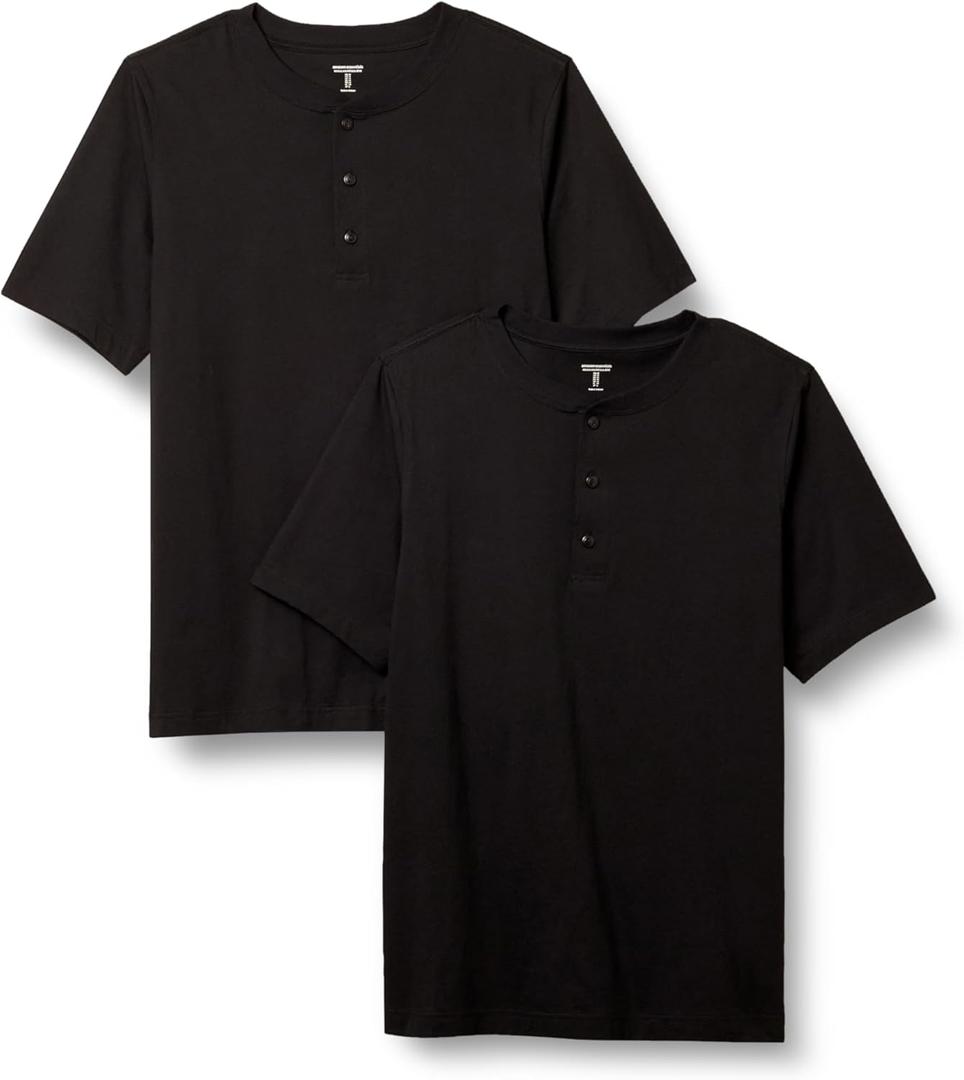 Amazon Essentials Men's Regular-Fit Short-Sleeve Cotton Henley T-Shirt, Pack of 2 (Medium, Black)