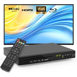 Blu Ray Player Dolby Digital TrueHD/DTS and 1080P Full HD, Plays Region A/1 Blu-Rays and All DVDs, Supports 128GB USB Playback + HDMI/AV/Coaxial Output + Built-in NTSC/PAL with HDMI/AV Cable