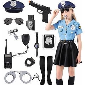 Miulruma Cop Costume for Kids Girls Police Officer Costume Dress with Hat Toddler Halloween Costume Outfit Set with Stuff Toy Accessories Badge Handcuffs  XXL/（13-14 Years）