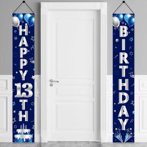Blue Silver 13th Birthday Door Banner Decorations, Happy 13 Birthday Party Porch Banner for Boys, Sweet 13 Year Old Birthday Party Supplies
