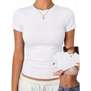 Danysu Nude Built in Bra Cotton Jersey T Shirt No See Through Stretchy Lightweight Fitted Everyday Basic Tops Gym Workout Tee (Medium)