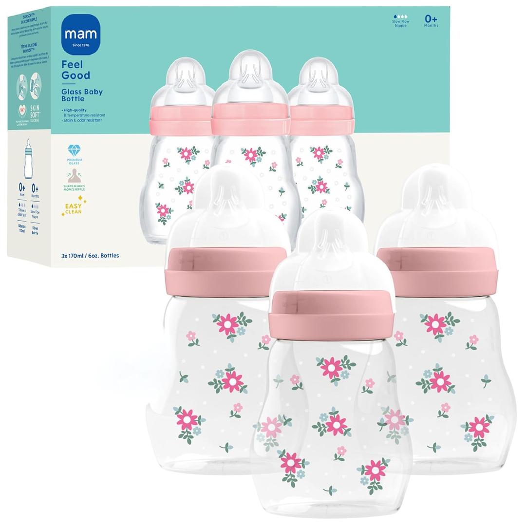 MAM Premium Glass Baby Bottles, Easy Switch Between Breast and Bottle, Feel Good Slow Flow, Newborn Essentials Must Have, 0+ Months, BPA Free, 6oz, Girl, 3 Pack (Fairy Dust)