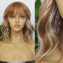 Short Wavy Curly Bob Wig with Bangs Ginger Brown Mixed 613 Blonde Highlights Color Glueless Heat Resistant Synthetic Wig Full Wig For Women Girls Fashion 14 Inch