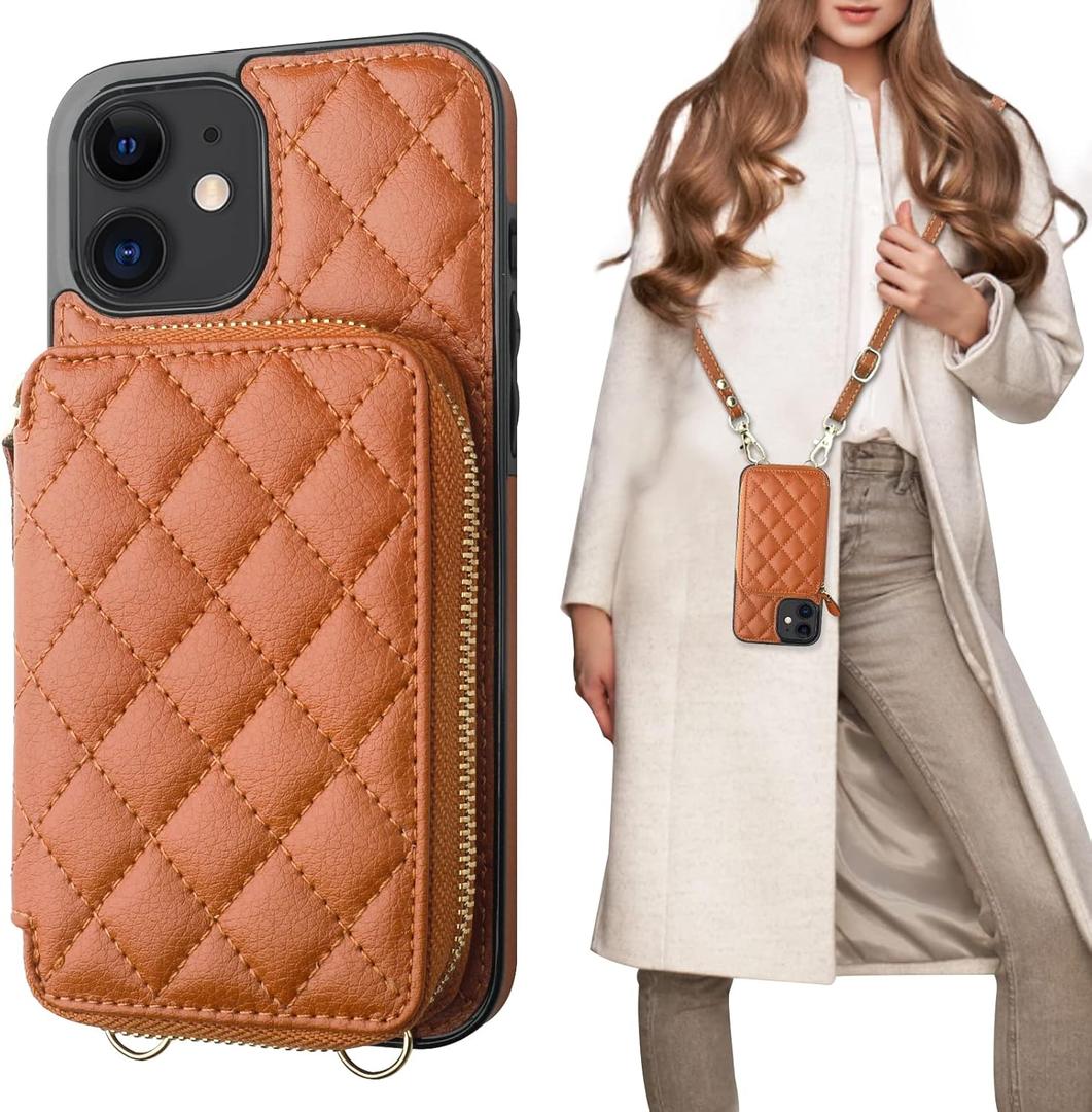 Bocasal Crossbody Wallet Case for iPhone 12/12 Pro, RFID Blocking PU Leather Zipper Handbag Purse Flip Cover, Kickstand Folio Case with Card Slots Holder Wrist Strap Lanyard 5G 6.1 Inch (Brown)