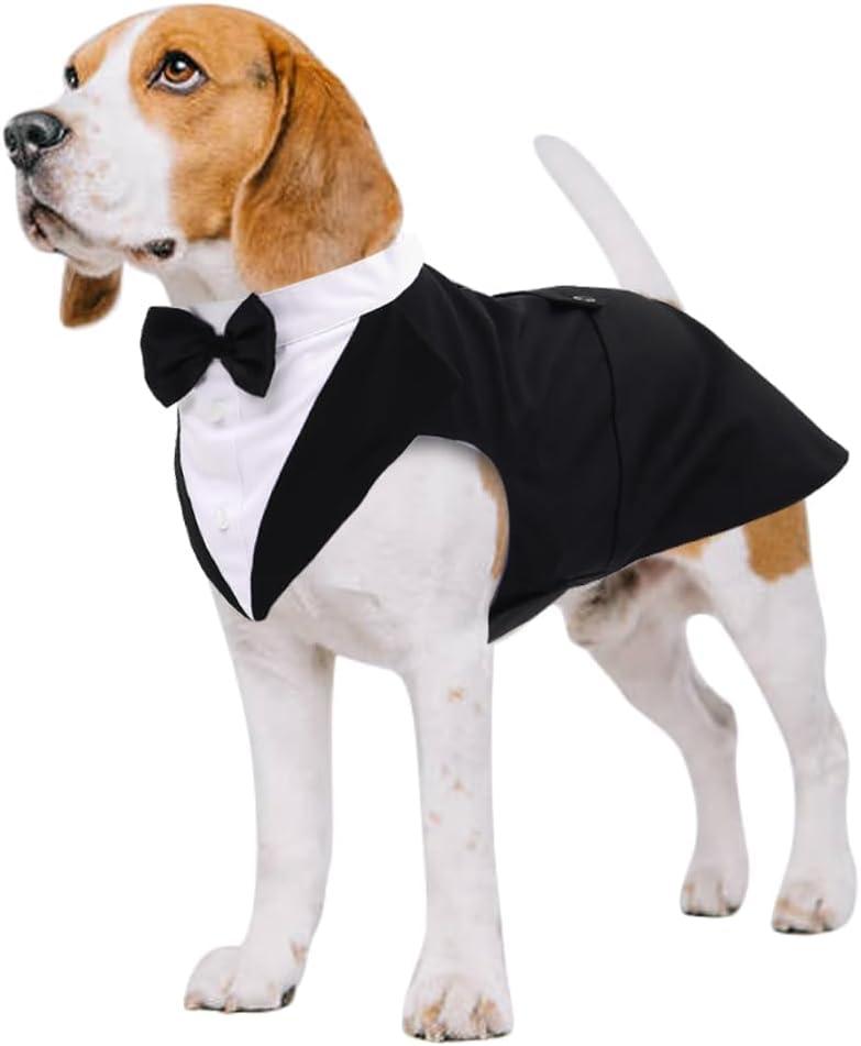 Kuoser Dog Tuxedo Dog Suit and Bandana Set, Dogs Tuxedo Wedding Party Suit, Doggy Prince Bow Tie Shirt Formal Pet Wedding Attire for Small Medium and Large Dogs Golden Retriever Samo Bulldogs (Medium (pack of 1), Black)