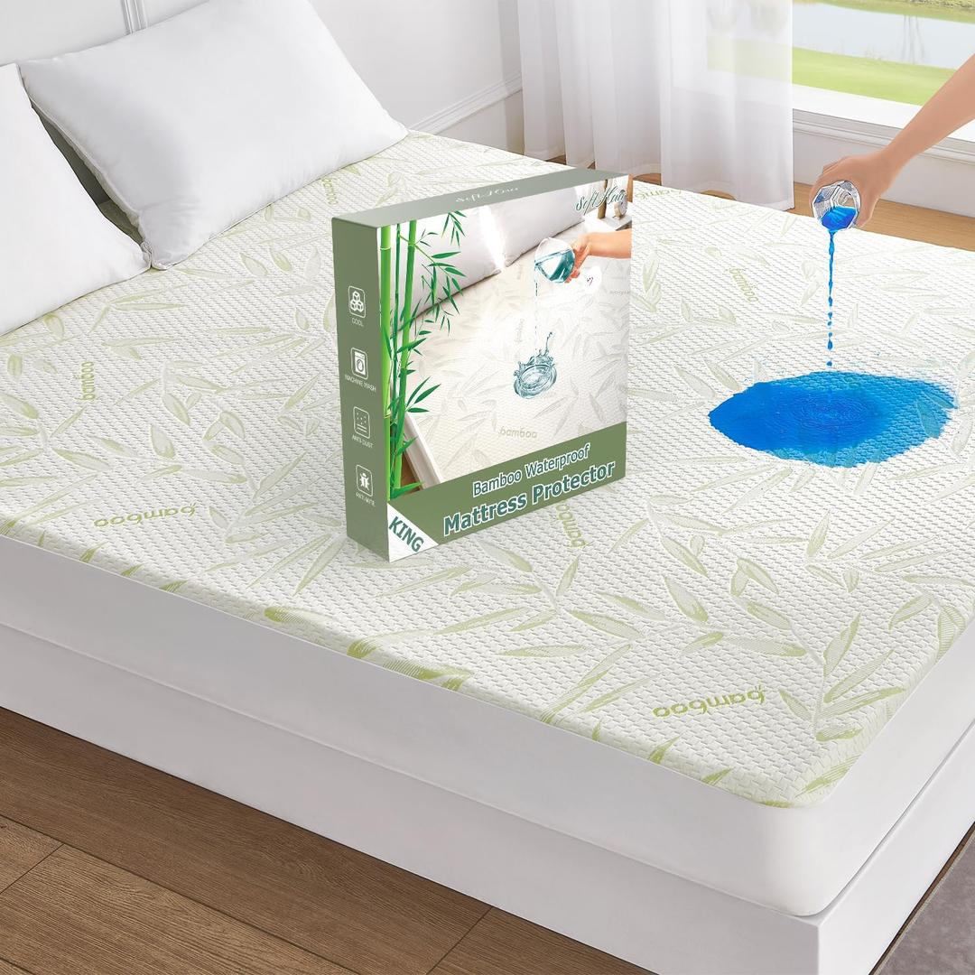 Softhour King Size Rayon Made from Bamboo Waterproof Mattress Pad Cover, Soft Breathable Cooling Mattress Pad Cover, Deep Pocket Stretches up to 21 Tightly Fitted Mattress Protection