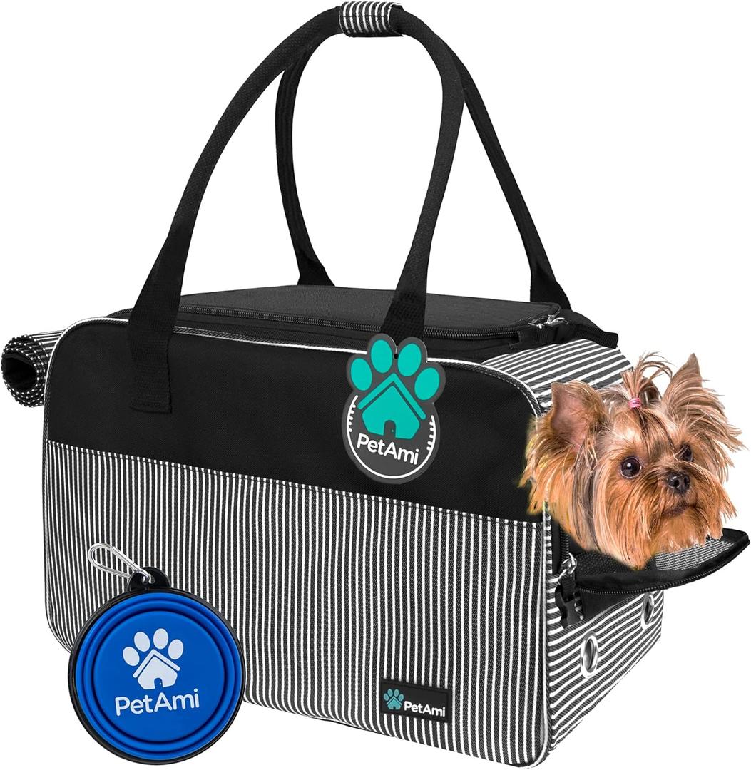 PetAmi Dog Purse Carrier for Small Dogs, Airline Approved Soft Sided Pet Carrier with Pockets, Ventilated Dog Carrying Bag for Puppy Cat, Dog Travel Supplies Bag, Sherpa Bed, Max 12 lbs, Stripe Black (One Size (Pack of 1))