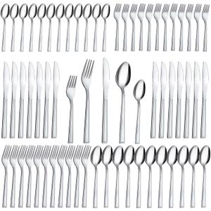 Silverware Set, Hunnycook 60-piece Silverware Set for 12, Stainless Steel Flatware Set, Include Fork Knife Spoon Set, Mirror Polished, Dishwasher Safe, Cutlery Set for Home Kitchen Restaurant (Square Edge 60P)