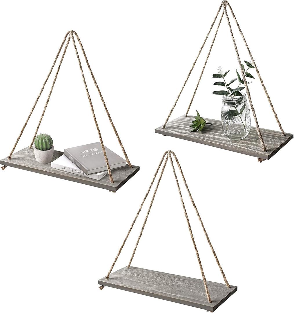 3 x 17 x 5 inch Wall Hanging Floating Shelves, Distressed Wood Farmhouse Organizer, Rustic Home Décor for Living Room Bathroom Bedroom Kitchen Apartment, Set of 3, Grey