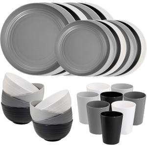 Supernal 32pcs Wheat Straw Dinnerware Sets,Plates and Bowls Sets,Reusable Plastic Plate,Microwave Dishwasher Safe,Plastic Dinnerware Set,Four Color Set 16pcs Plates,8pcs Bowls,8pcs Cups (White/Black/Light Grey/Dark Grey)