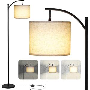 LALISU Modern Floor Lamp, 3-Ways Dimmable Standing Lamp with Linen Shade, Adjustable Height, Foot-Step Switch, Reading Lamp for Living Room, Bedroom, Office, 9W Bulb Included (Black)